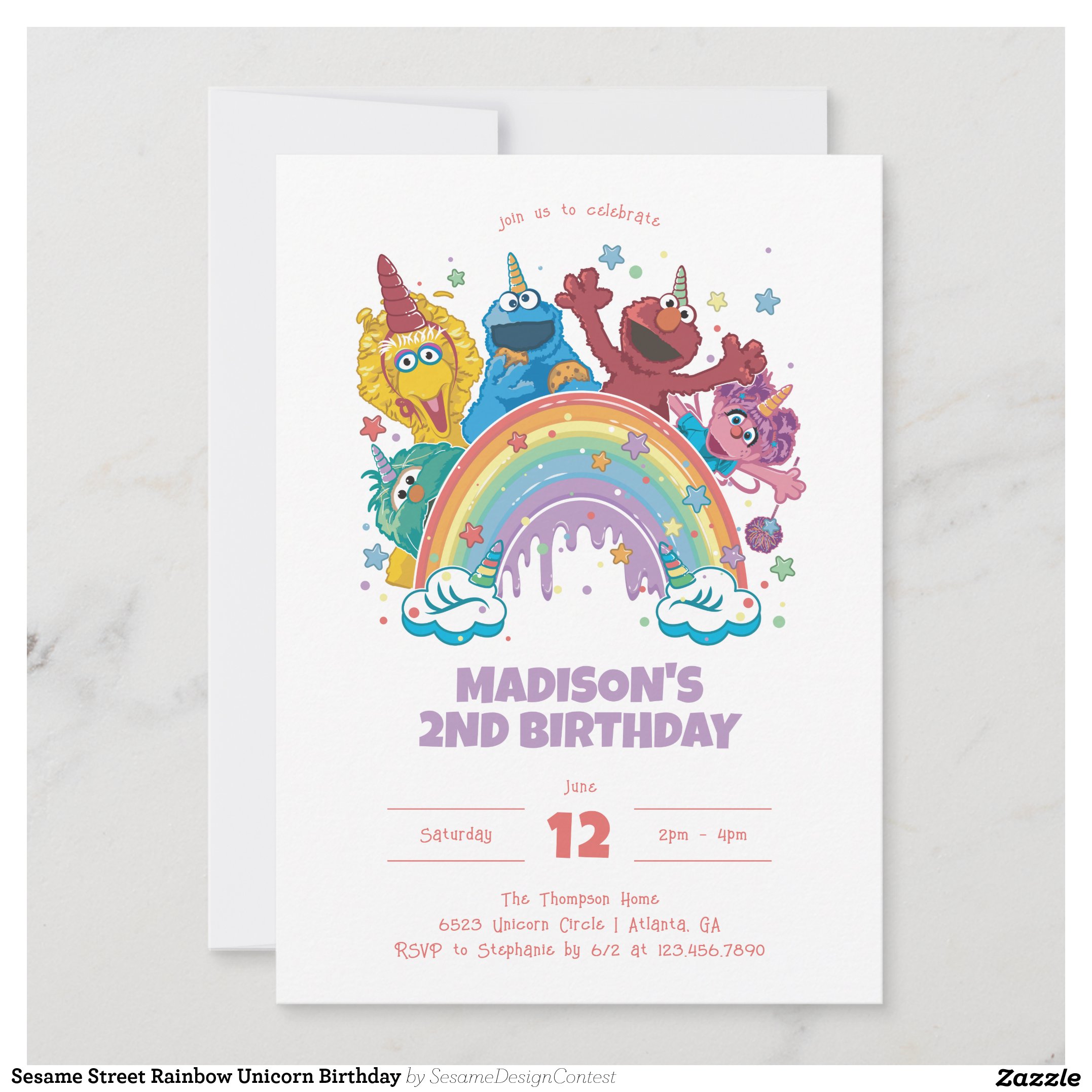 Sesame Street Rainbow Unicorn Birthday Invitation