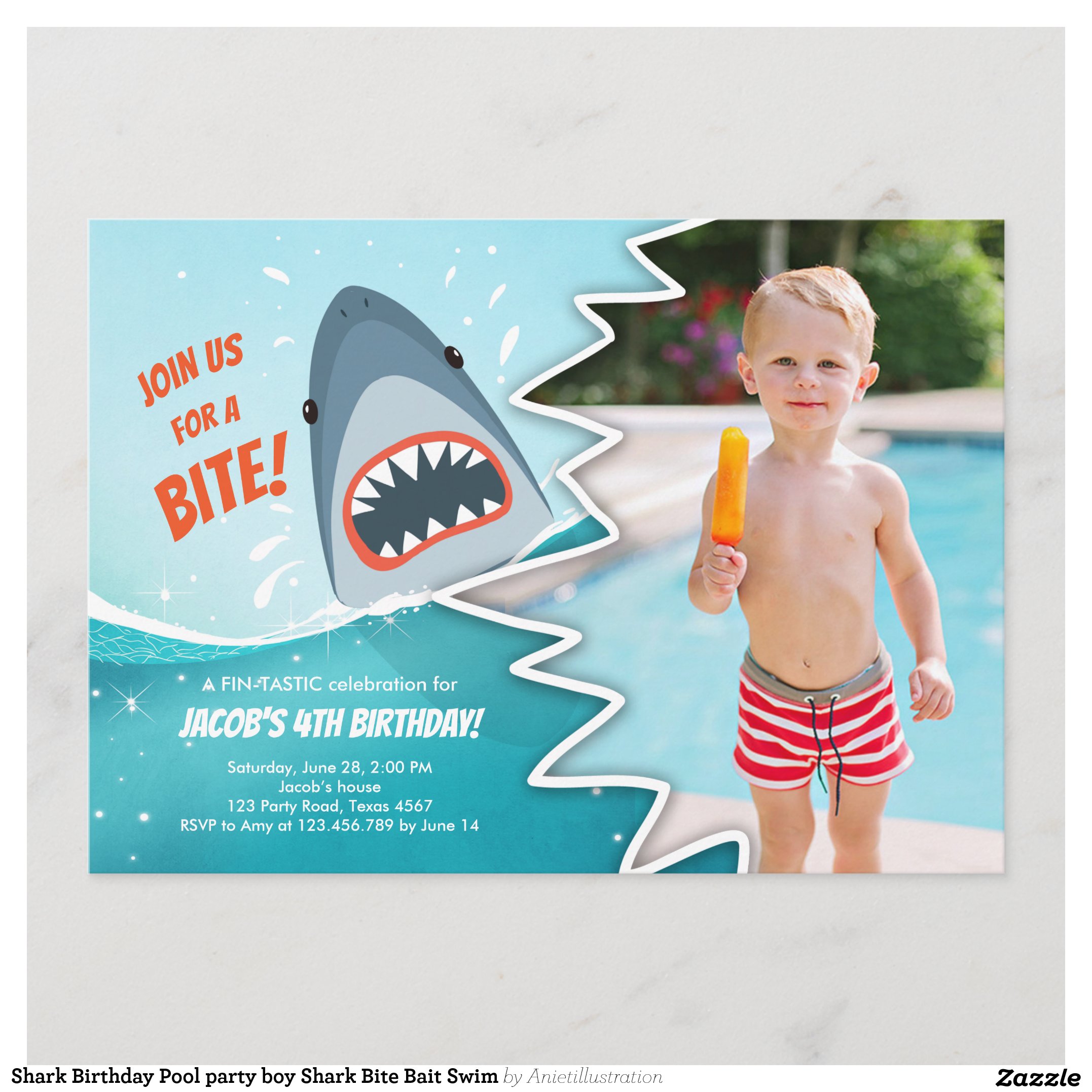 Shark Birthday Pool party boy Shark Bite Bait Swim Invitation