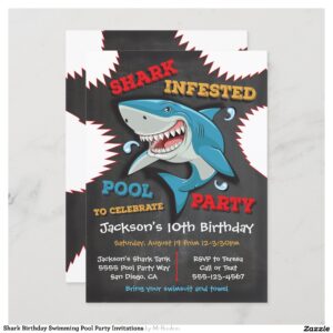 Shark Birthday Swimming Pool Party Invitations