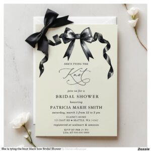 She is tying the knot black bow Bridal Shower Invitation