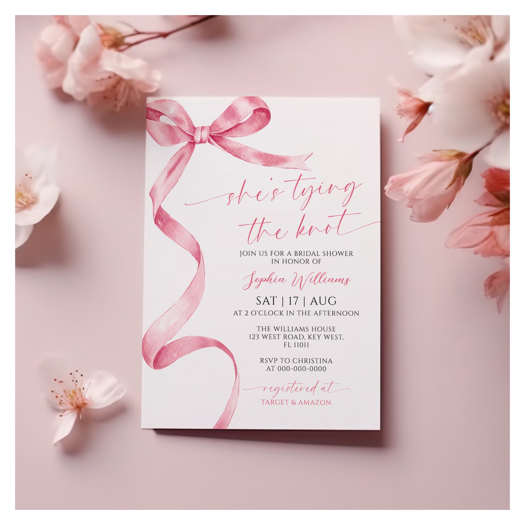 She's Tying the Knot Pink Bow Bridal Shower Invitation
