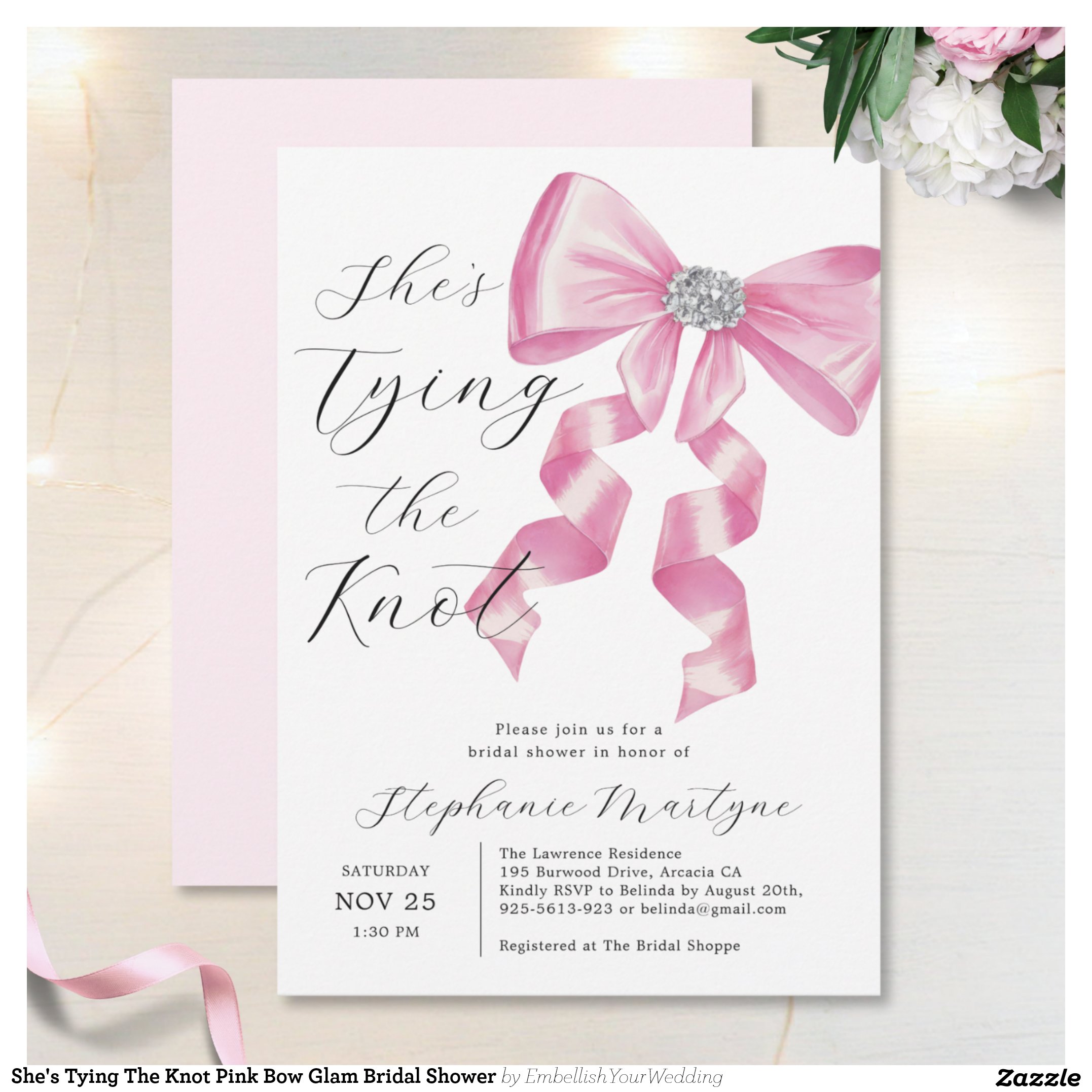 She's Tying The Knot Pink Bow Glam Bridal Shower Invitation