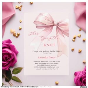 She's tying the knot soft pink bow Bridal Shower Invitation