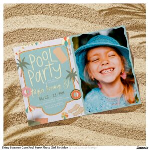 Shiny Summer Cute Pool Party Photo Girl Birthday Foil Invitation
