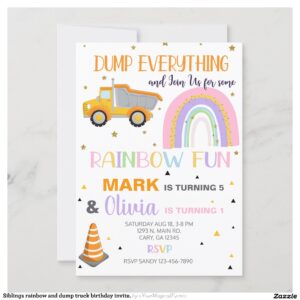 Siblings rainbow and dump truck birthday invite. invitation
