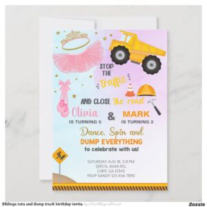 Siblings tutu and dump truck birthday invite. invitation