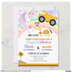 Siblings unicorn and dump truck birthday invite. invitation
