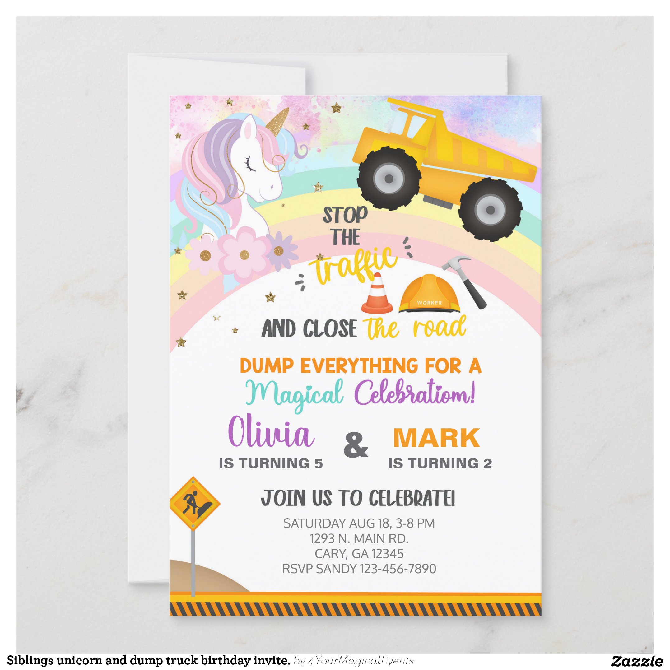 Siblings unicorn and dump truck birthday invite. invitation