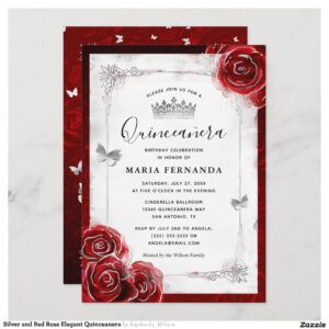 Silver and Red Rose Elegant Quinceanera Invitation