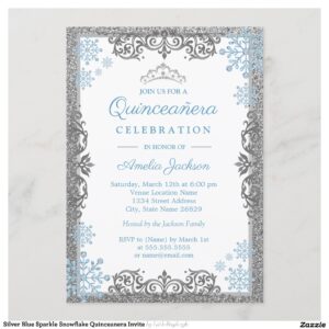 Silver Blue Sparkle Snowflake Quinceanera Invite
