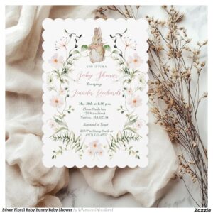 Silver Floral Baby Bunny Baby Shower Invitation