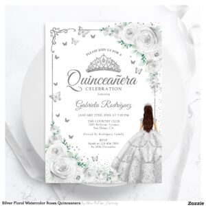 Silver Floral Watercolor Roses Quinceanera Invitation