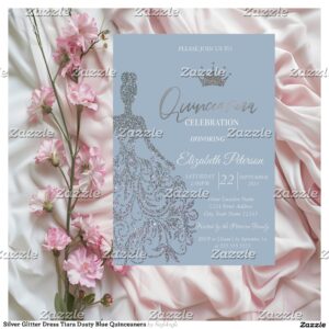 Silver Glitter Dress Tiara Dusty Blue Quinceanera Invitation