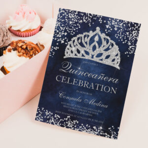 Silver glitter navy blue cement tiara Quincea?era Invitation