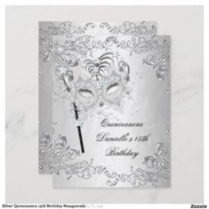 Silver Quinceanera 15th Birthday Masquerade Invitation
