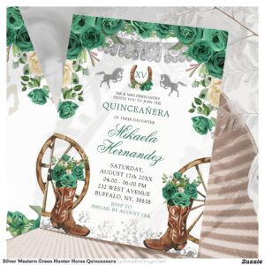 Silver Western Green Hunter Horse Quinceanera Invitation