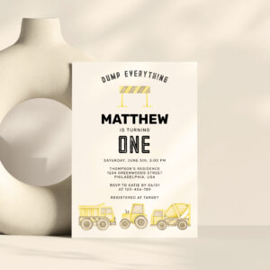 Simple Construction Vehicles First Birthday Invitation