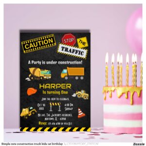 Simple cute construction truck kids 1st birthday invitation