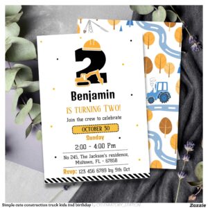 Simple cute construction truck kids 2nd birthday invitation