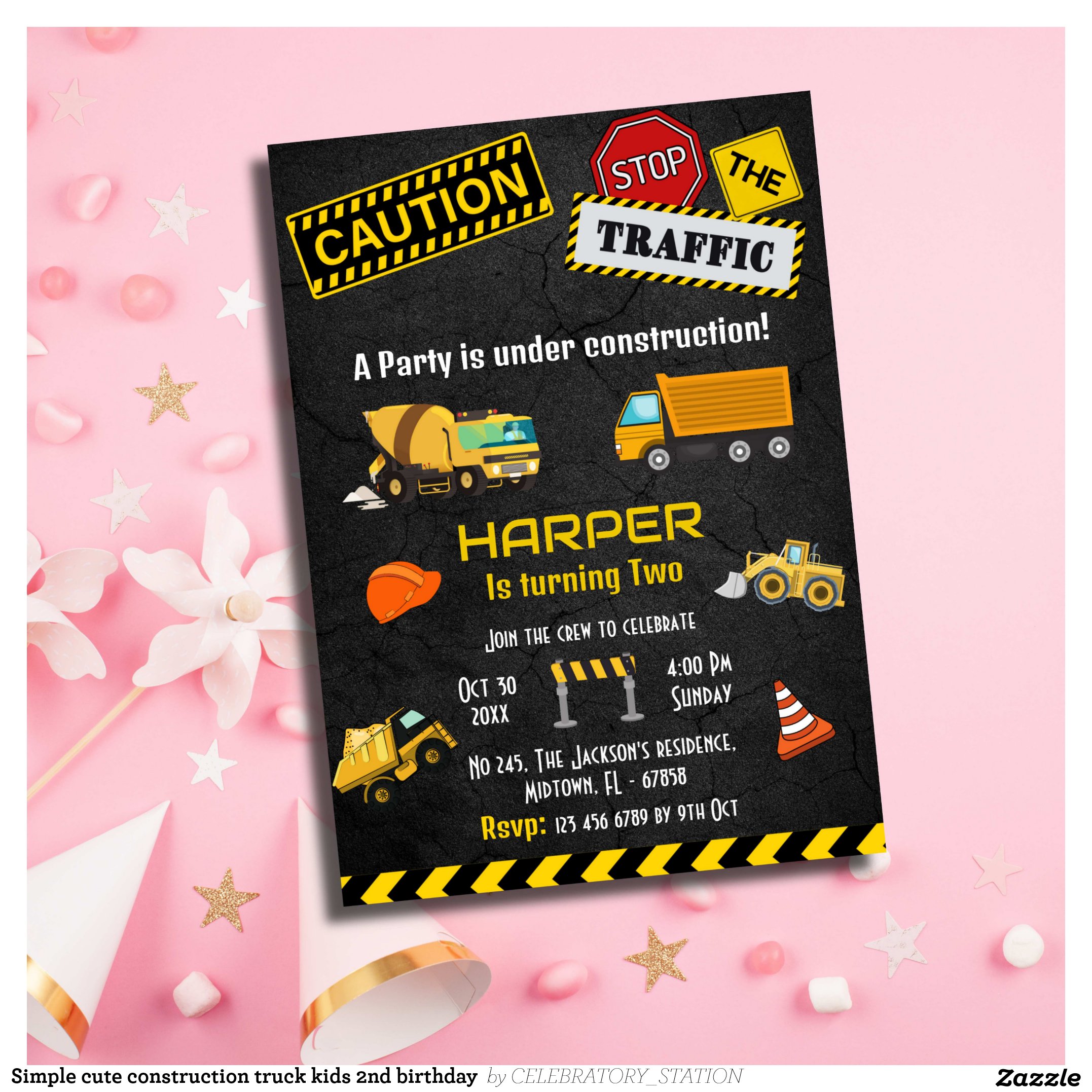 Simple cute construction truck kids 2nd birthday invitation