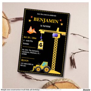 Simple cute construction truck kids 4th birthday invitation
