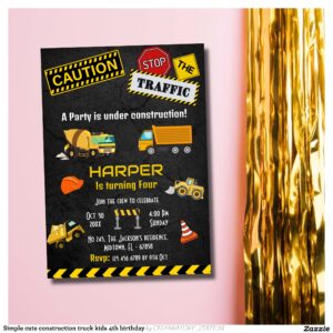 Simple cute construction truck kids 4th birthday invitation