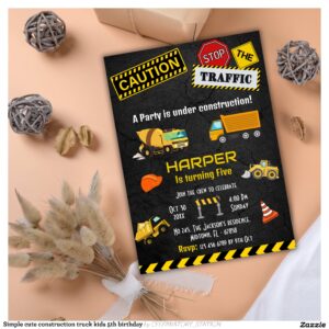 Simple cute construction truck kids 5th birthday invitation
