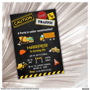 Simple cute construction truck kids 6th birthday invitation