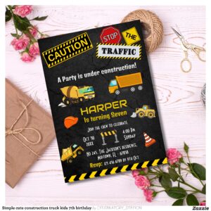 Simple cute construction truck kids 7th birthday invitation