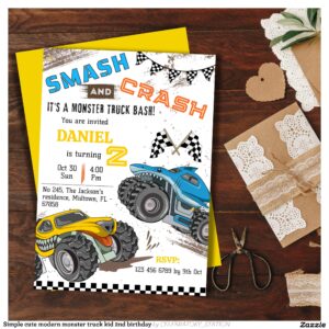 Simple cute modern monster truck kid 2nd birthday invitation