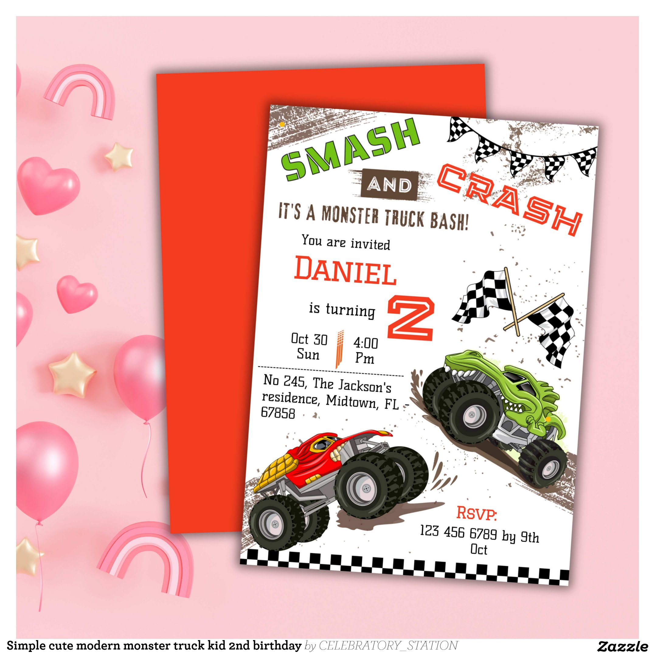 Simple cute modern monster truck kid 2nd birthday invitation
