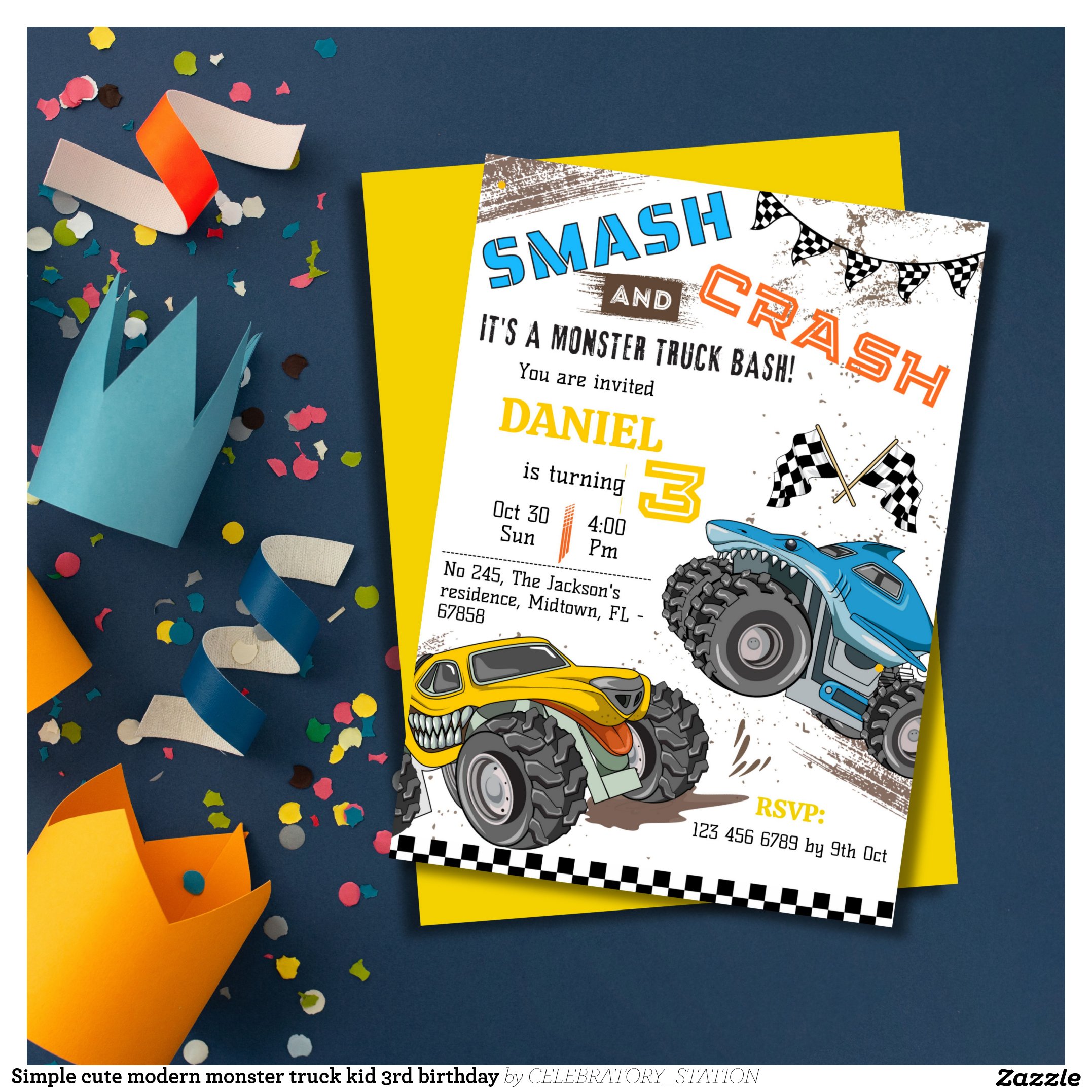 Simple cute modern monster truck kid 3rd birthday invitation
