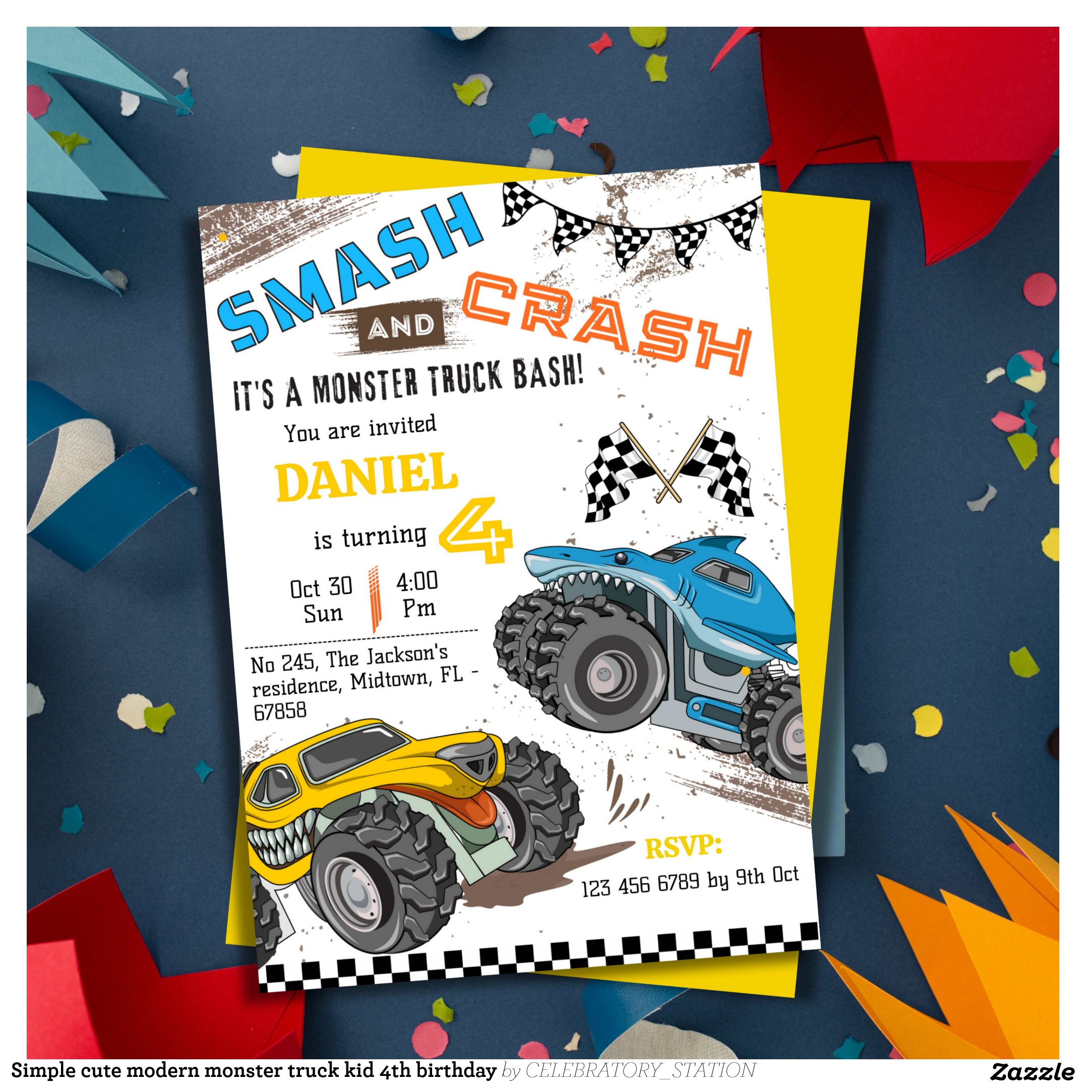 Simple cute modern monster truck kid 4th birthday invitation