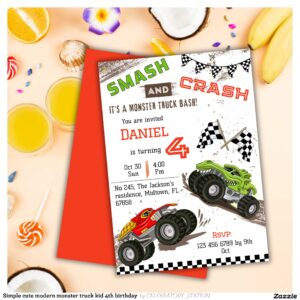 Simple cute modern monster truck kid 4th birthday invitation