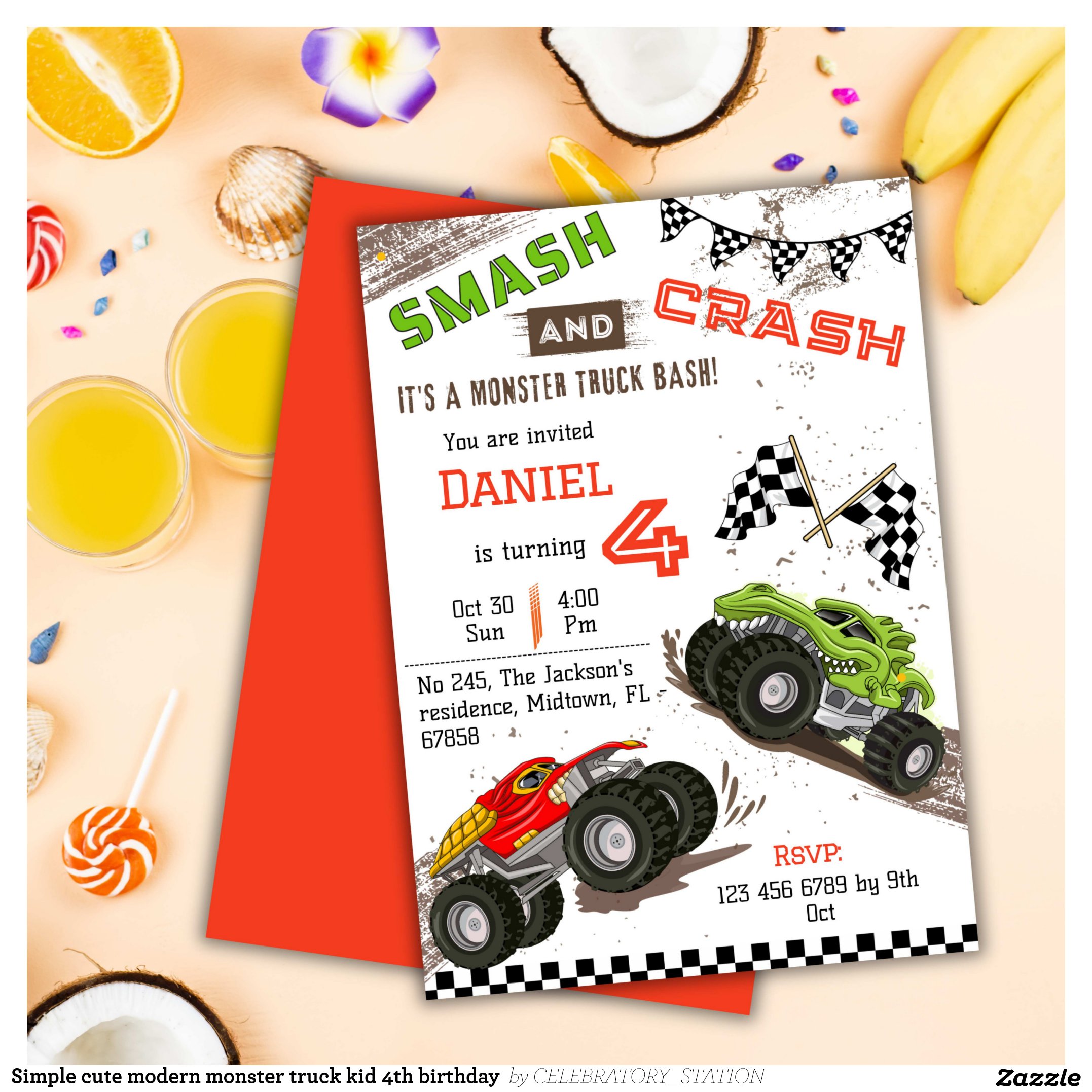 Simple cute modern monster truck kid 4th birthday invitation