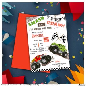 Simple cute modern monster truck kid 5th birthday invitation