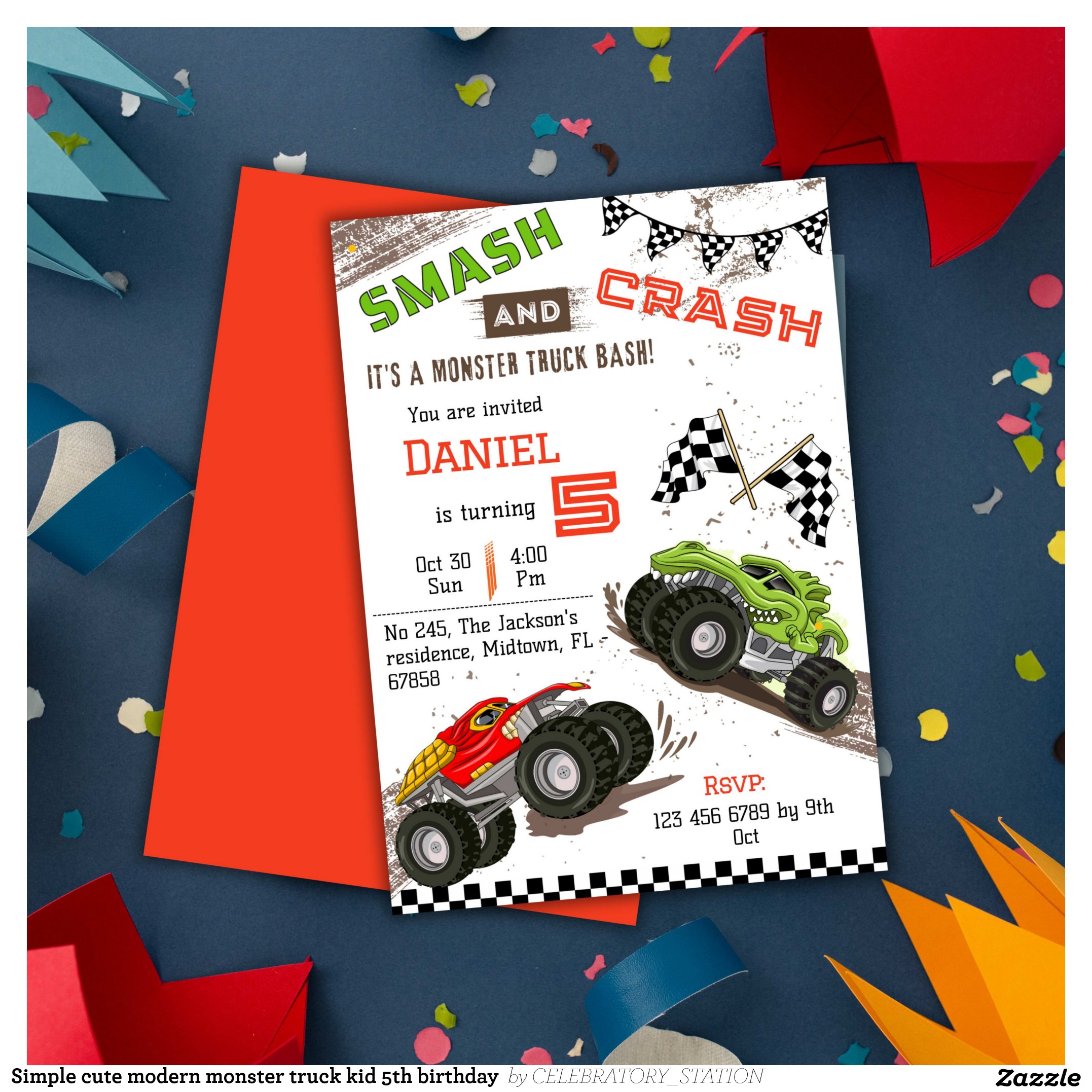 Simple cute modern monster truck kid 5th birthday invitation