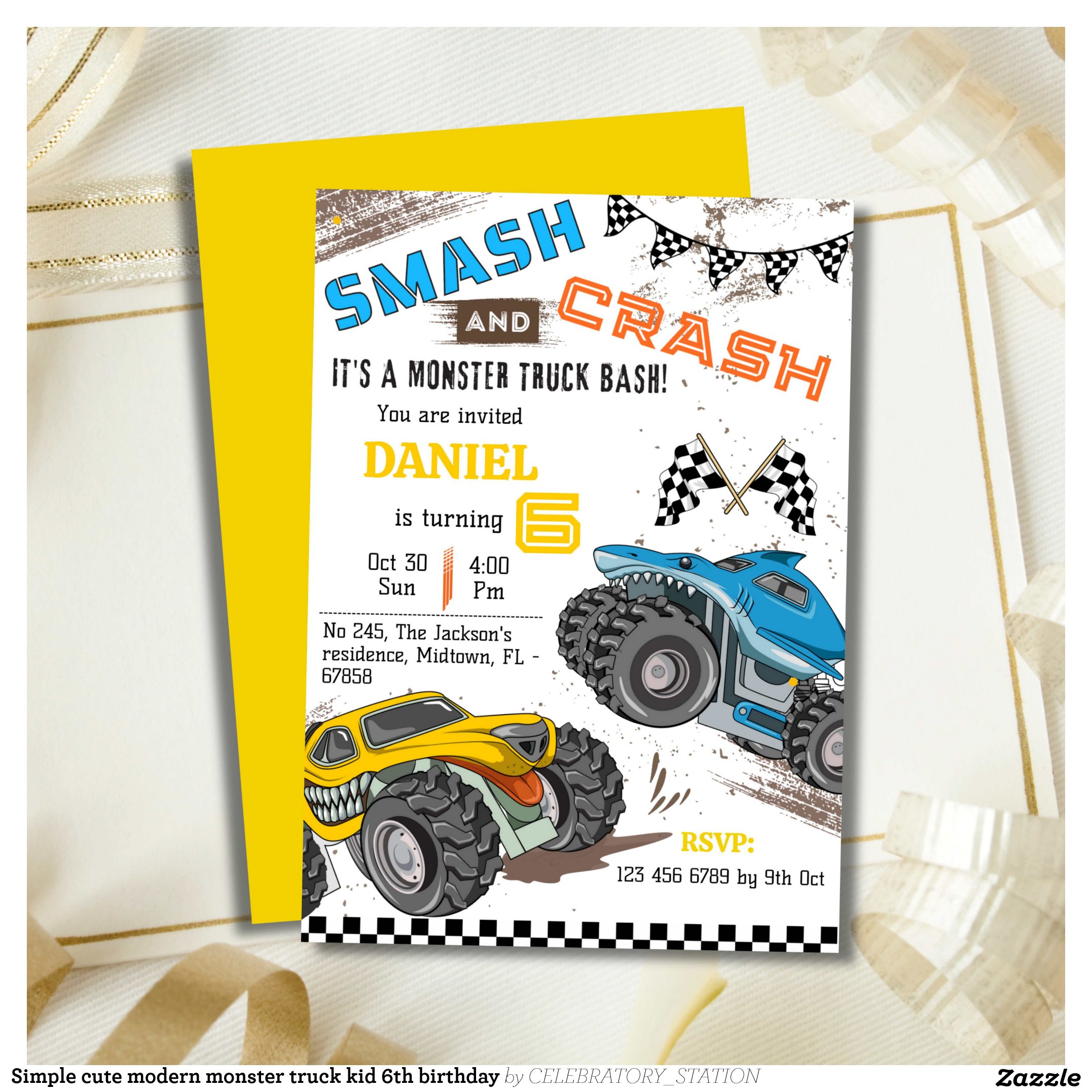 Simple cute modern monster truck kid 6th birthday invitation