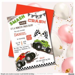 Simple cute modern monster truck kid 6th birthday invitation
