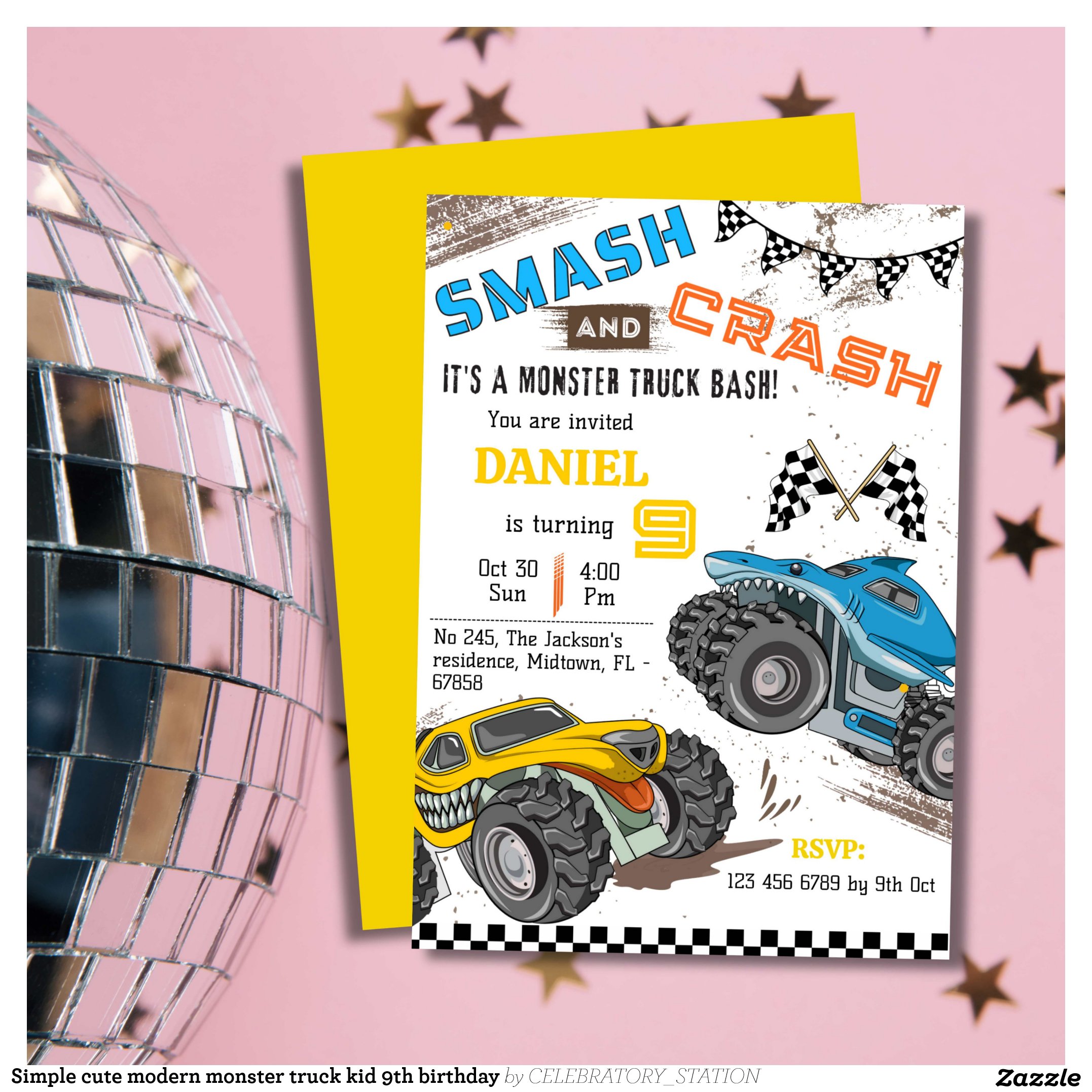 Simple cute modern monster truck kid 9th birthday invitation