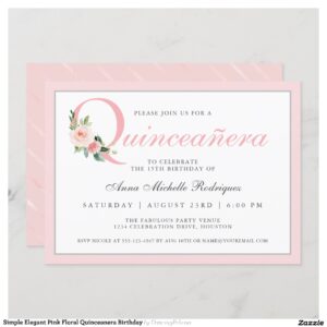 Simple Elegant Pink Floral Quinceanera Birthday Invitation