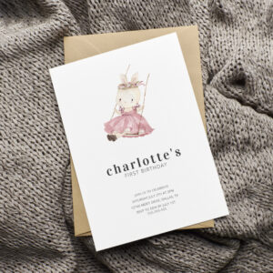 Simple Modern Bunny Baby Girl 1st Birthday Invitation