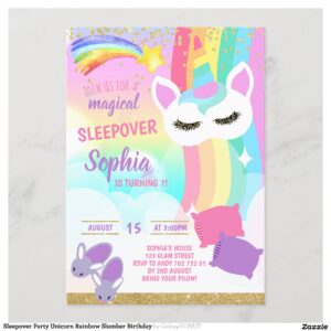 Sleepover Party Unicorn Rainbow Slumber Birthday Invitation
