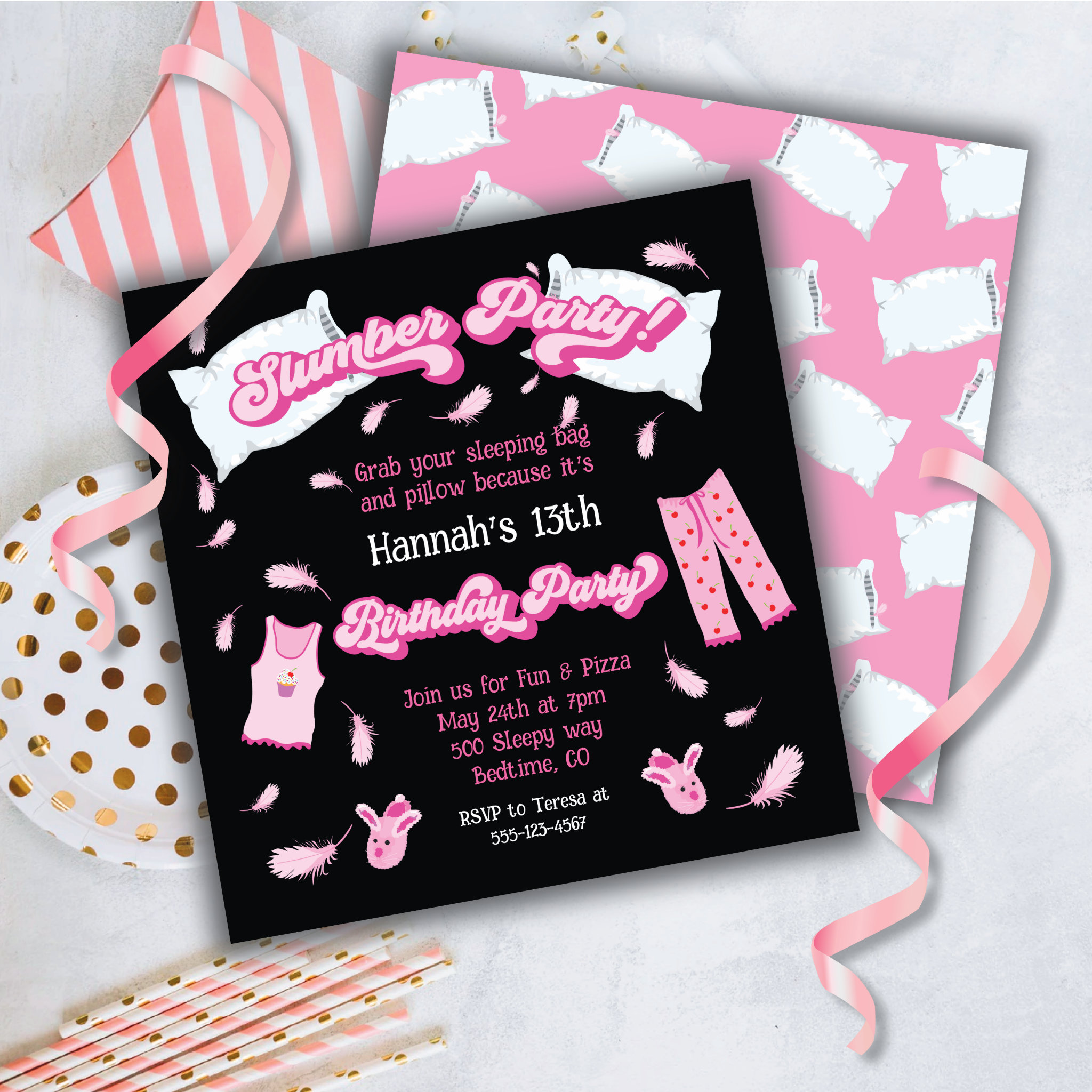 Slumber Party Pillow Fight Birthday Invitation