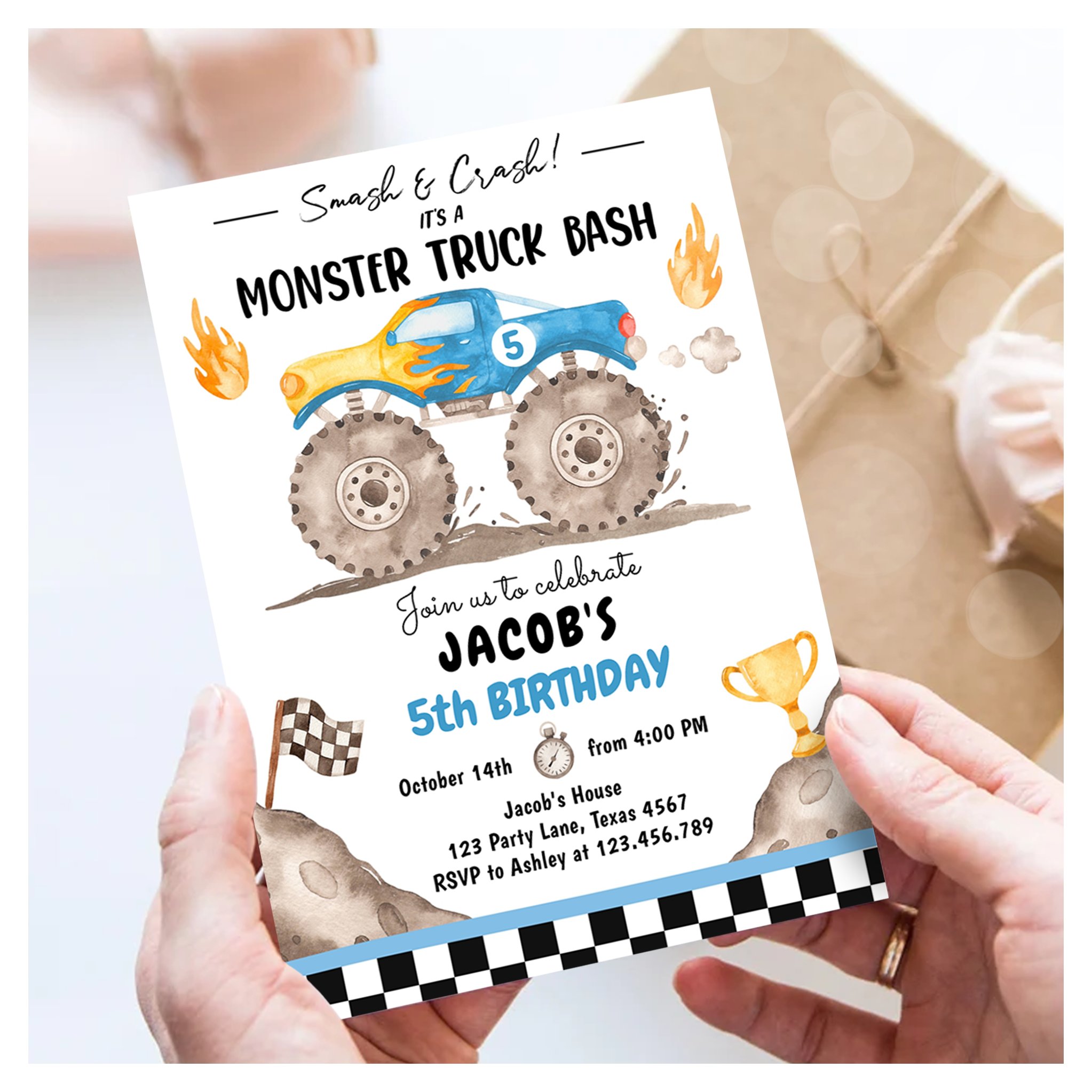 Smash Crash Monster Truck Bash Blue Boy Birthday Invitation