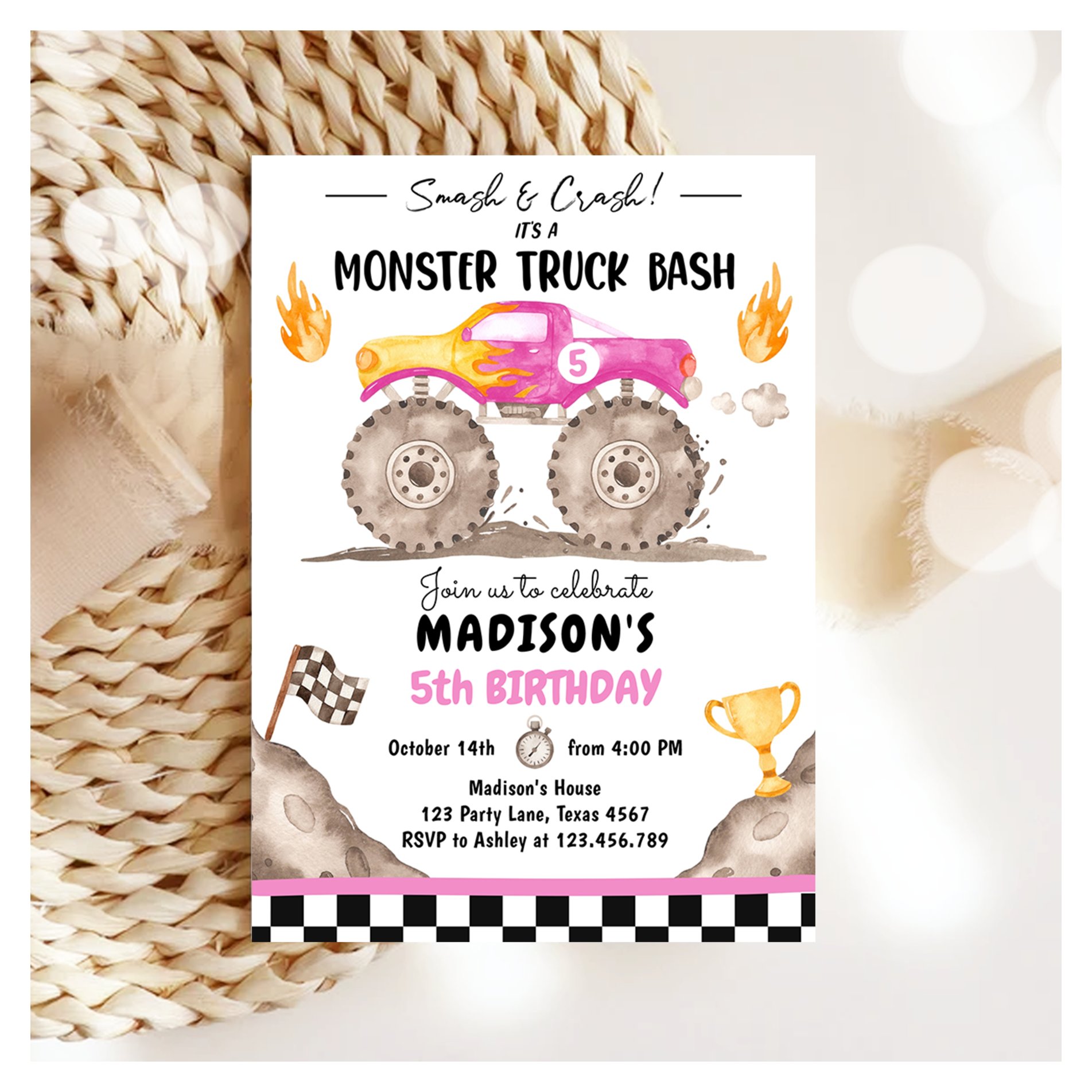 Smash Crash Monster Truck Bash Pink Girl Birthday Invitation