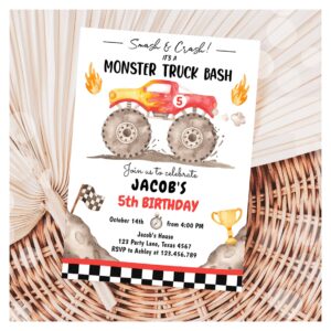 Smash Crash Monster Truck Bash Red Boy Birthday Invitation