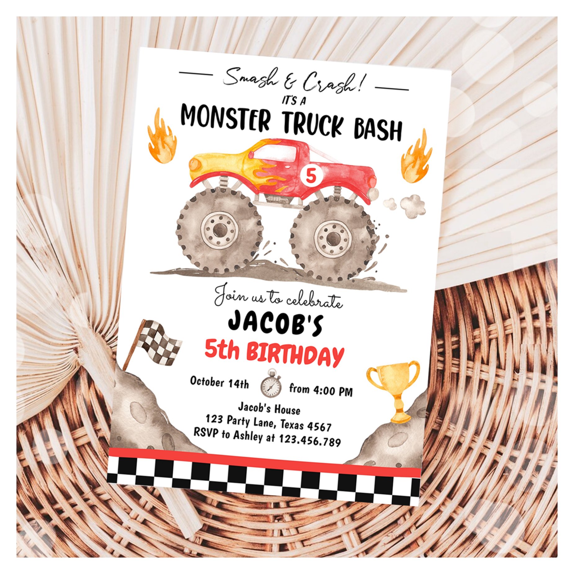 Smash Crash Monster Truck Bash Red Boy Birthday Invitation