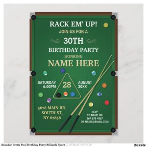 Snooker Invite Pool Birthday Party Billiards Sport