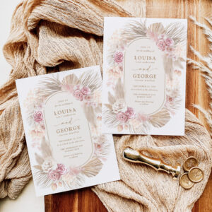 Soft Beige Pink Boho Pampas Grass Flower Wedding Invitation